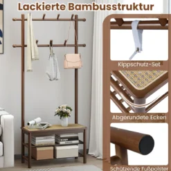 Garderobenständer mit Schuhbank & Schuhregal & 2 Aufhängestangen & 13 Haken Braun