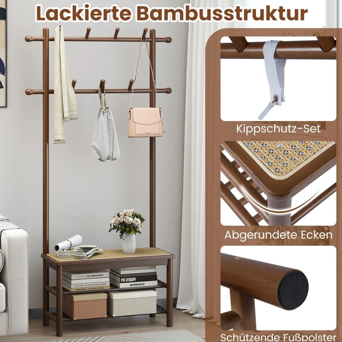 Garderobenständer mit Schuhbank & Schuhregal & 2 Aufhängestangen & 13 Haken Braun