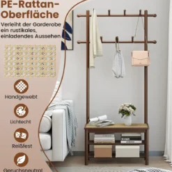 Garderobenständer mit Schuhbank & Schuhregal & 2 Aufhängestangen & 13 Haken Braun