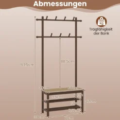Garderobenständer mit Schuhbank & Schuhregal & 2 Aufhängestangen & 13 Haken Braun