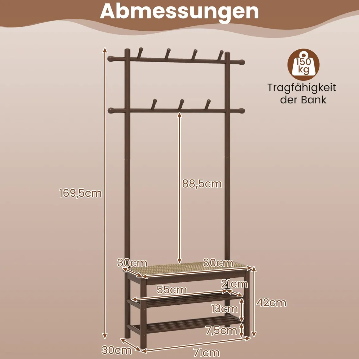 Garderobenständer mit Schuhbank & Schuhregal & 2 Aufhängestangen & 13 Haken Braun