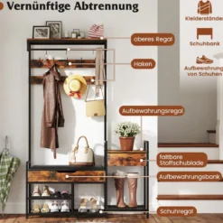 Garderobenständer mit Schuhbank & 12 Haken & Schublade & Ablage Garderobe Eingangsbank