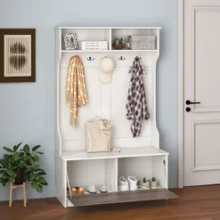 Garderobenständer mit Sitzbank & 5 Doppelhaken Garderobe Flurgarderobe 100 x 40 x 160 cm Weiß