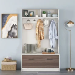 Garderobenständer mit Sitzbank & 5 Doppelhaken Garderobe Flurgarderobe 100 x 40 x 160 cm Weiß