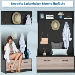 Garderobenständer mit Sitzbank & 5 Doppelhaken Garderobe Flurgarderobe 100 x 40 x 160 cm Schwarz