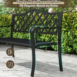 Gartenbank Metall wetterfeste Sitzbank für 2 Sitzer Parkbank mit Rückenlehne & Armlehne 128 x 54 x 89 cm Schwarz