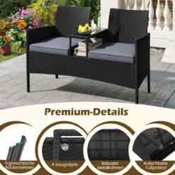 Gartenbank mit Tisch 2-Sitzer Polyrattan Sitzbank Sitzgruppe Gartenmöbel Terrassenmöbel Grau