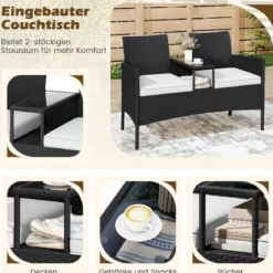 Gartenbank mit Tisch 2-Sitzer Polyrattan Sitzbank Sitzgruppe Gartenmöbel Terrassenmöbel Weiß