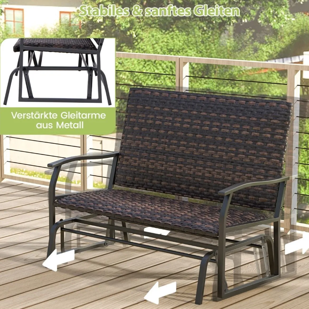 Gartenbank Polyrattan Schaukelbank mit sanfter Gleitbewegung Terrassenbank für Balkon Braun