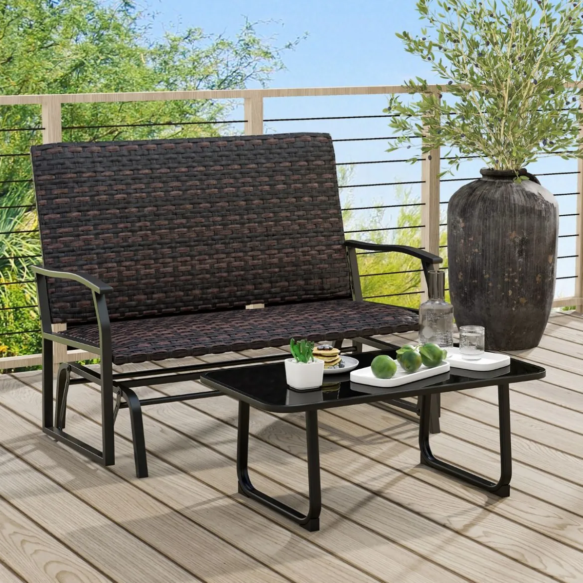 Gartenbank Polyrattan Schaukelbank mit sanfter Gleitbewegung Terrassenbank für Balkon Braun