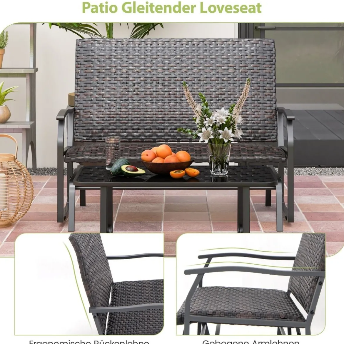 Gartenbank Polyrattan Schaukelbank mit sanfter Gleitbewegung Terrassenbank für Balkon Braun
