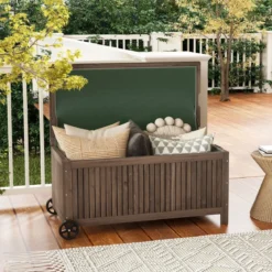 Gartenbox Holz 213 L Aufbewahrungsbox mit Rädern Kissenbox mit wasserdichter PE-Auskleidung 114 x 58,5 x 51 cm Braun