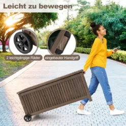 Gartenbox Holz 213 L Aufbewahrungsbox mit Rädern Kissenbox mit wasserdichter PE-Auskleidung 114 x 58,5 x 51 cm Braun