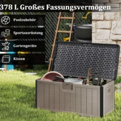 Gartenbox 378 L Auflagenbox Wasserdicht für Garten mit Abschließbarem Deckel Aufbewahrungsbox für Kissen & Gartengeräte Schwarz+Braun