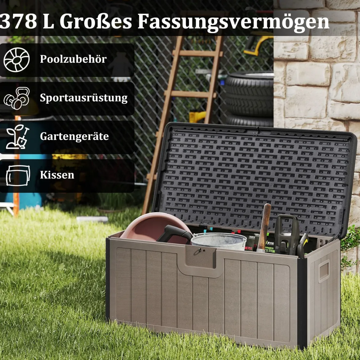 Gartenbox 378 L Auflagenbox Wasserdicht für Garten mit Abschließbarem Deckel Aufbewahrungsbox für Kissen & Gartengeräte Schwarz+Braun