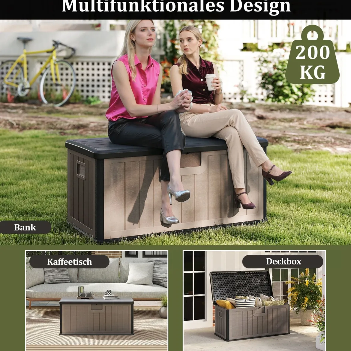 Gartenbox 378 L Auflagenbox Wasserdicht für Garten mit Abschließbarem Deckel Aufbewahrungsbox für Kissen & Gartengeräte Schwarz+Braun
