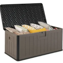 Gartenbox 378 L Auflagenbox Wasserdicht für Garten mit Abschließbarem Deckel Aufbewahrungsbox für Kissen & Gartengeräte Schwarz+Braun