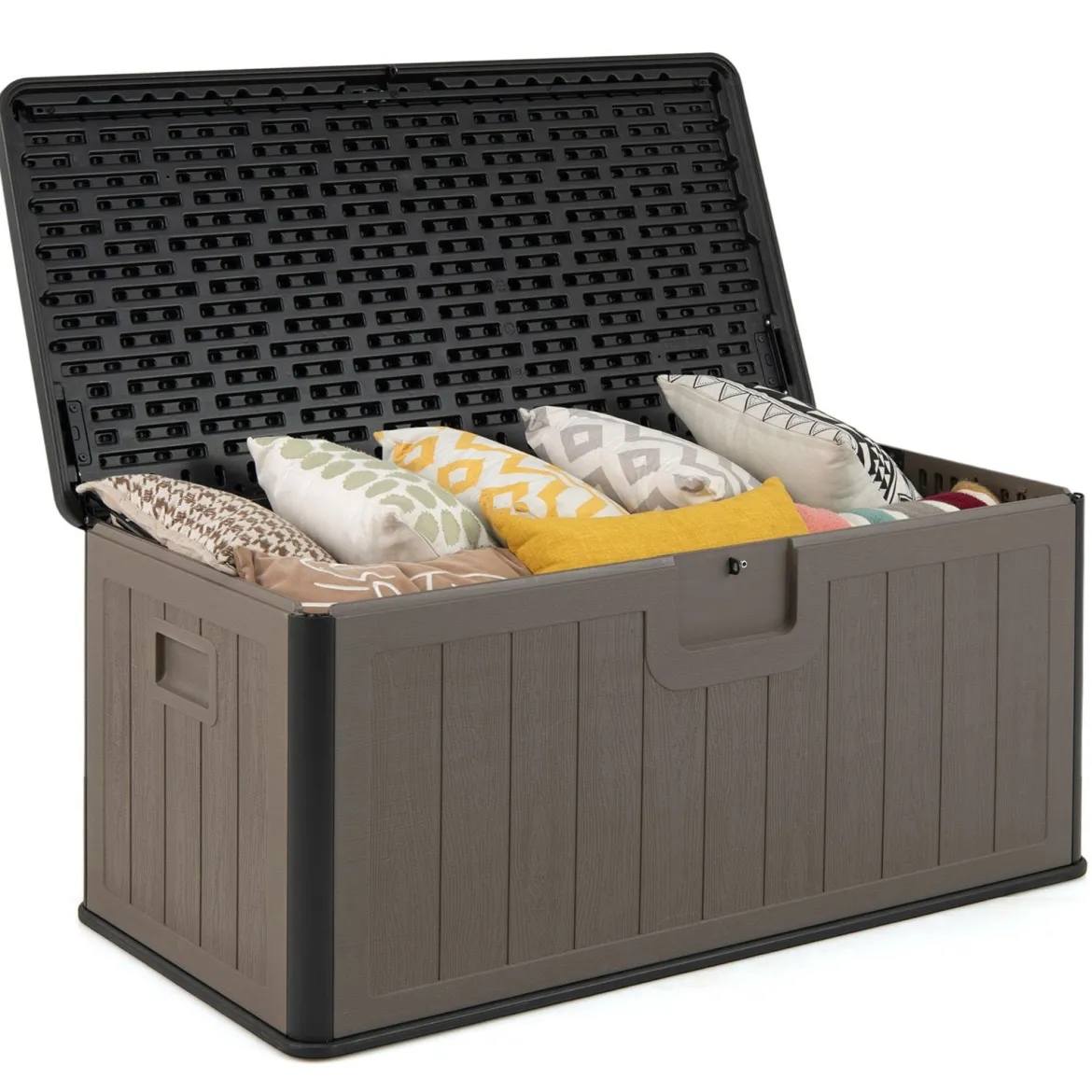 Gartenbox 378 L Auflagenbox Wasserdicht für Garten mit Abschließbarem Deckel Aufbewahrungsbox für Kissen & Gartengeräte Schwarz+Braun