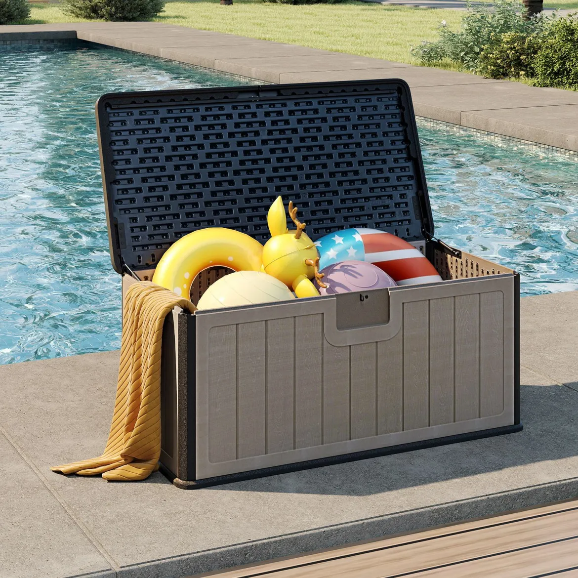Gartenbox 378 L Auflagenbox Wasserdicht für Garten mit Abschließbarem Deckel Aufbewahrungsbox für Kissen & Gartengeräte Schwarz+Braun