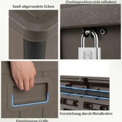 Gartenbox 378 L Auflagenbox Wasserdicht für Garten mit Abschließbarem Deckel Aufbewahrungsbox für Kissen Braun