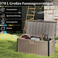 Gartenbox 378 L Auflagenbox Wasserdicht für Garten mit Abschließbarem Deckel Aufbewahrungsbox für Kissen Braun