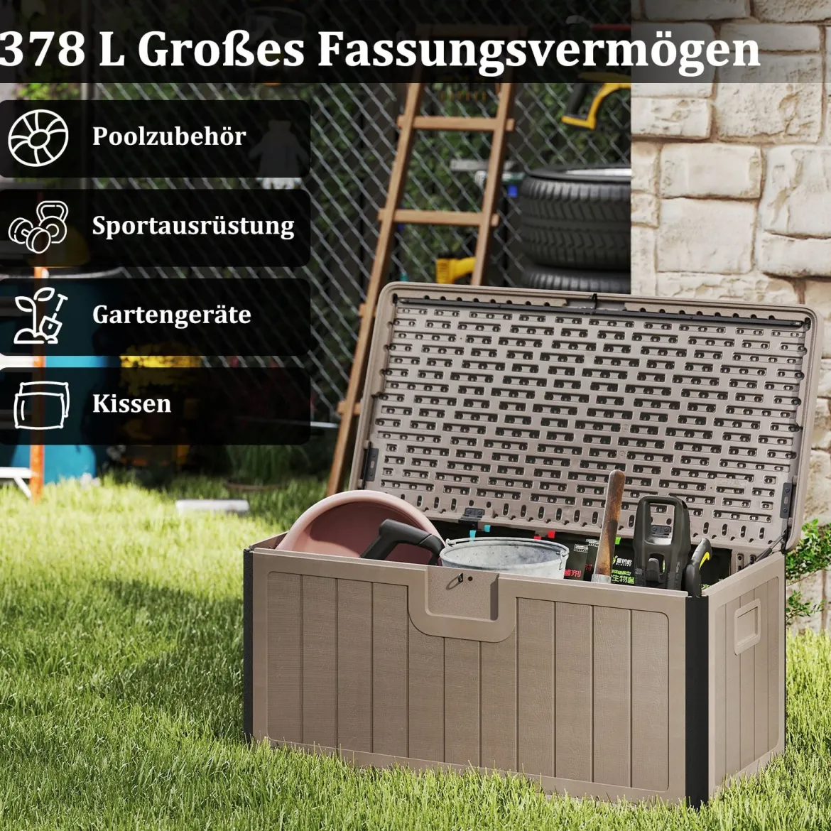 Gartenbox 378 L Auflagenbox Wasserdicht für Garten mit Abschließbarem Deckel Aufbewahrungsbox für Kissen Braun