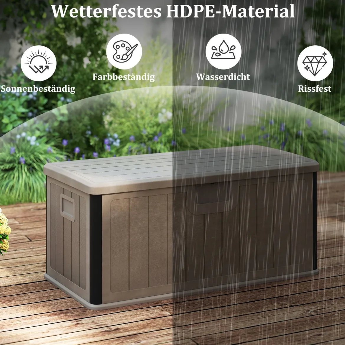 Gartenbox 378 L Auflagenbox Wasserdicht für Garten mit Abschließbarem Deckel Aufbewahrungsbox für Kissen Braun