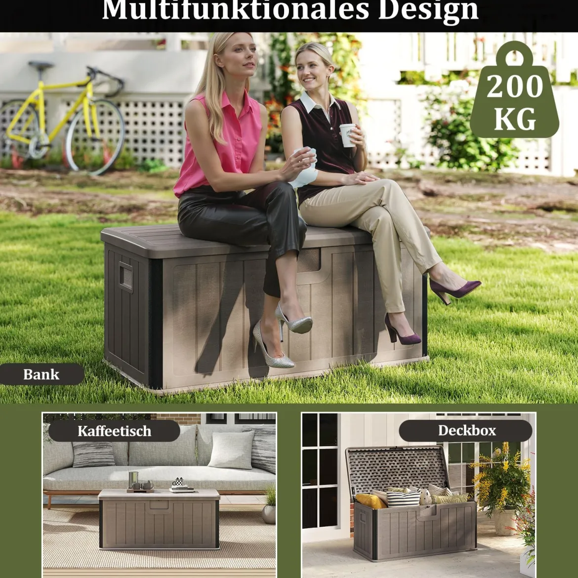 Gartenbox 378 L Auflagenbox Wasserdicht für Garten mit Abschließbarem Deckel Aufbewahrungsbox für Kissen Braun