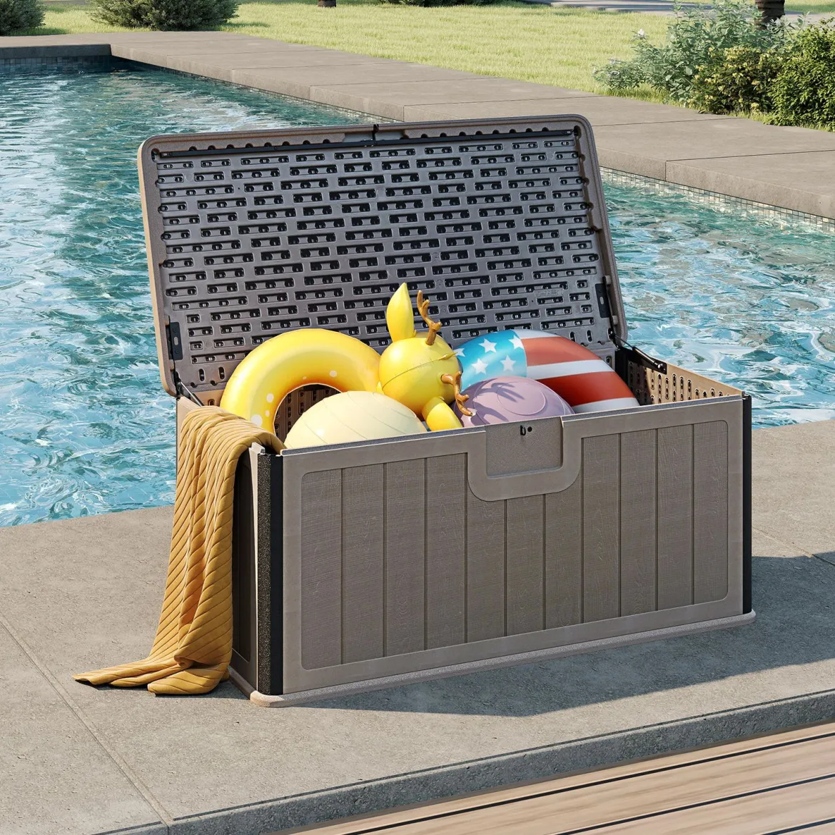 Gartenbox 378 L Auflagenbox Wasserdicht für Garten mit Abschließbarem Deckel Aufbewahrungsbox für Kissen Braun