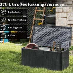 Gartenbox 378 L Auflagenbox Wasserdicht für Garten mit Abschließbarem Deckel Aufbewahrungsbox für Kissen Grau