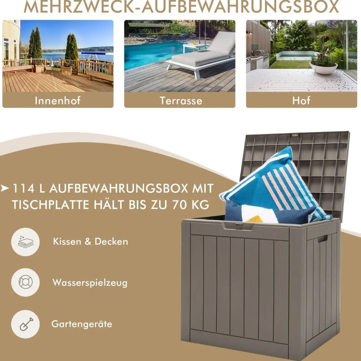 Gartenbox mit 114 L Kapazität abschließbarem Deckel & integrierten Griffen Hellbraun