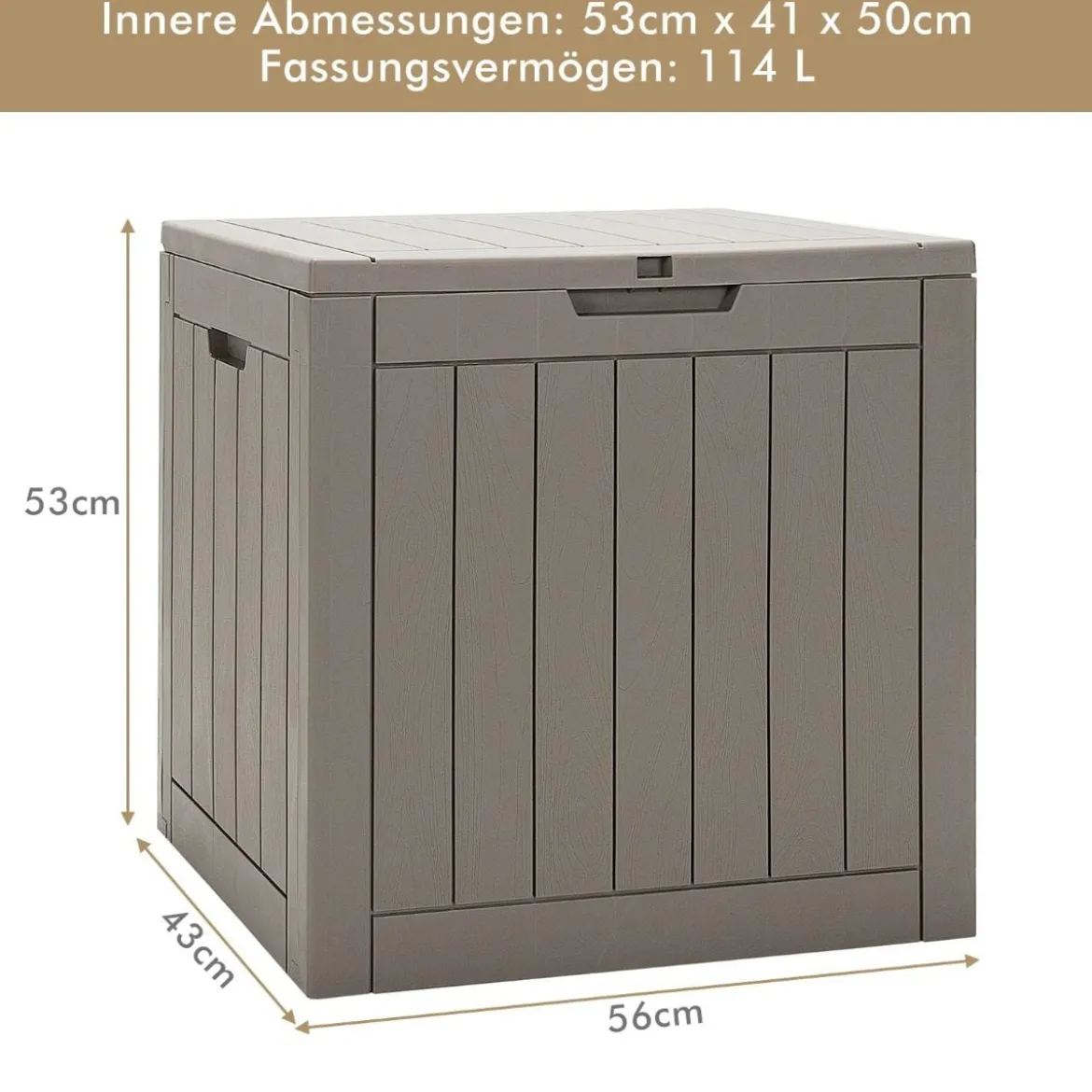 Gartenbox mit 114 L Kapazität abschließbarem Deckel & integrierten Griffen Hellbraun