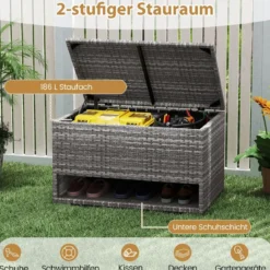 Gartenbox mit Schuhregal Polyrattan Auflagenbox Wetterfest mit Schutzliner & Deckel 186L 95 x 60 x 58 cm Grau