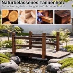 Gartenbrücke aus Tannenholz Bogenbrücke mit Geländer Wetterfest 500kg Tragkraft 125 x 68 x 47 cm