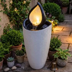 Gartenbrunnen 92 cm Springbrunnen mit LED-Beleuchtung Wetterfestes Wasserspiel aus Kunstharz