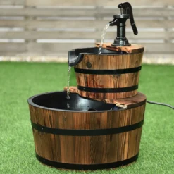 Gartenbrunnen Holz Brunnen Holzbrunnen Holzfass mit Wasserpumpe Ø 44,5cm