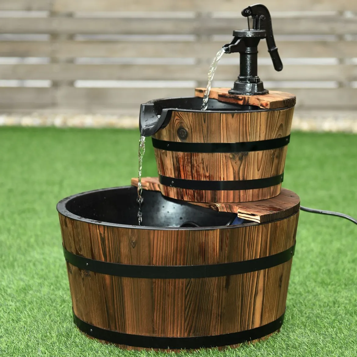Gartenbrunnen Holz Brunnen Holzbrunnen Holzfass mit Wasserpumpe Ø 44,5cm