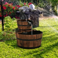 Gartenbrunnen Holz Brunnen Holzbrunnen Holzfass mit Wasserpumpe Ø 44,5cm
