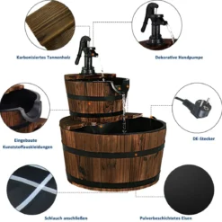 Gartenbrunnen Holz Brunnen Holzbrunnen Holzfass mit Wasserpumpe Ø 44,5cm