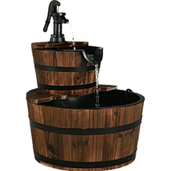 Gartenbrunnen Holz Brunnen Holzbrunnen Holzfass mit Wasserpumpe Ø 44,5cm