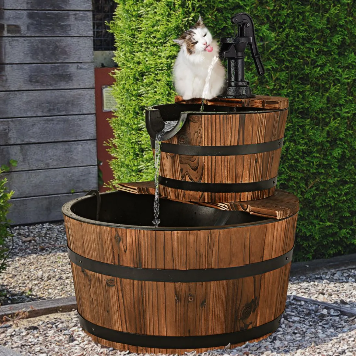 Gartenbrunnen Holz Brunnen Holzbrunnen Holzfass mit Wasserpumpe Ø 44,5cm
