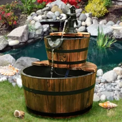 Gartenbrunnen Holz Brunnen Holzbrunnen Holzfass mit Wasserpumpe Ø 44,5cm