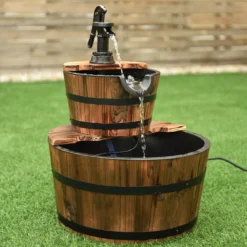 Gartenbrunnen Holz Brunnen Holzbrunnen Holzfass mit Wasserpumpe Ø 44,5cm
