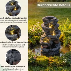 Gartenbrunnen mit LED-Beleuchtung 5-stufiger Springbrunnen aus Kunstharz 27 x 20,5 x 45,5 cm