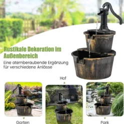 Gartenbrunnen mit Wasserpumpe Rustikaler Kaskadenwasserbrunnen 45,5 x 41 x 68 cm