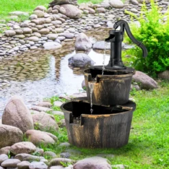 Gartenbrunnen mit Wasserpumpe Rustikaler Kaskadenwasserbrunnen 45,5 x 41 x 68 cm