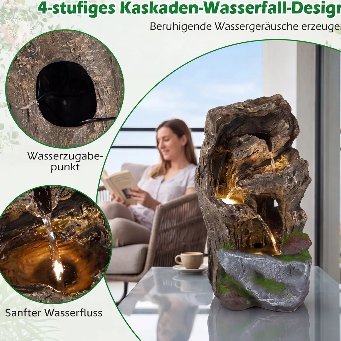 Gartenbrunnen 4-Stufiger Springbrunnen mit LED-Beleuchtung & Pumpe Wasserspiel Wetterfest