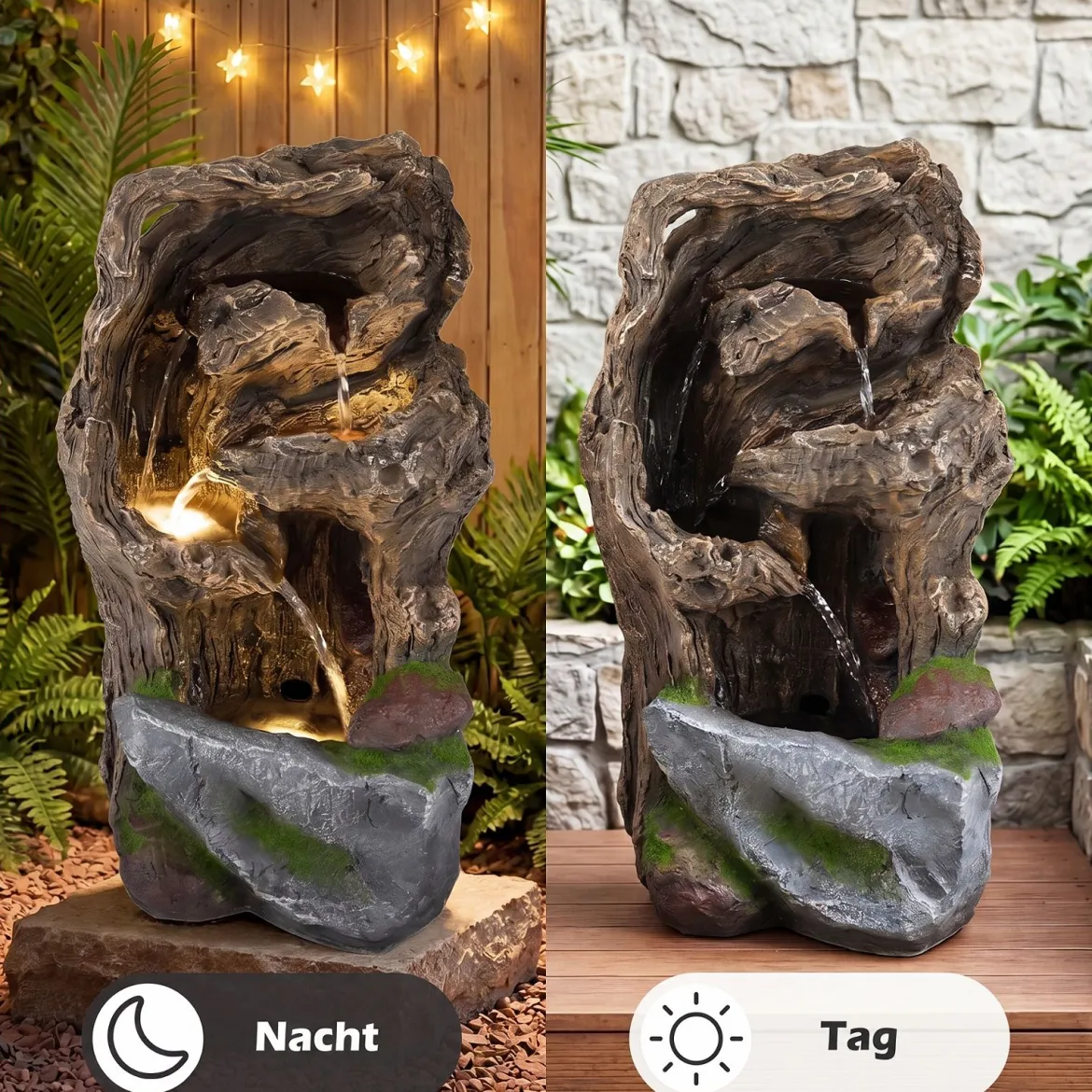 Gartenbrunnen 4-Stufiger Springbrunnen mit LED-Beleuchtung & Pumpe Wasserspiel Wetterfest