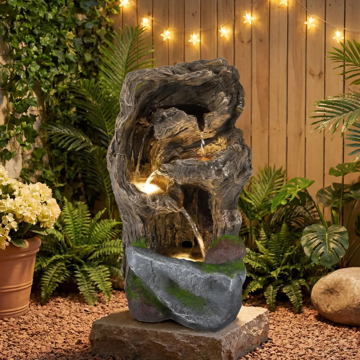 Gartenbrunnen 4-Stufiger Springbrunnen mit LED-Beleuchtung & Pumpe Wasserspiel Wetterfest