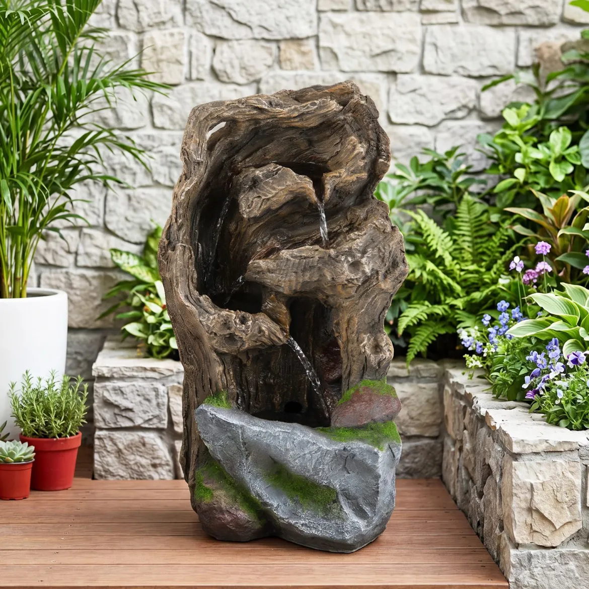 Gartenbrunnen 4-Stufiger Springbrunnen mit LED-Beleuchtung & Pumpe Wasserspiel Wetterfest